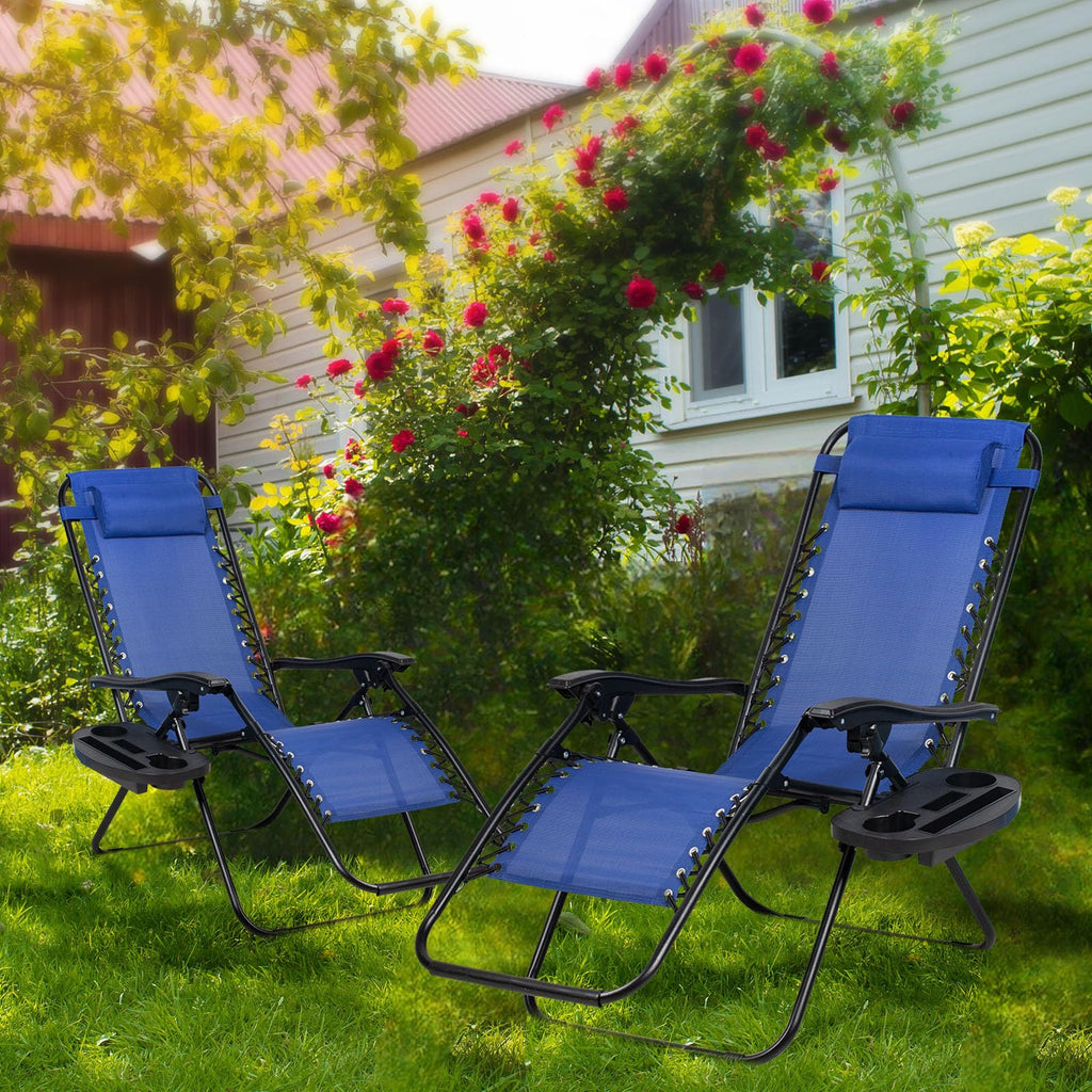 Set of 2 Adjustable Steel Mesh Zero Gravity Lounge Chairs with Pillow and Cup Holder J6106