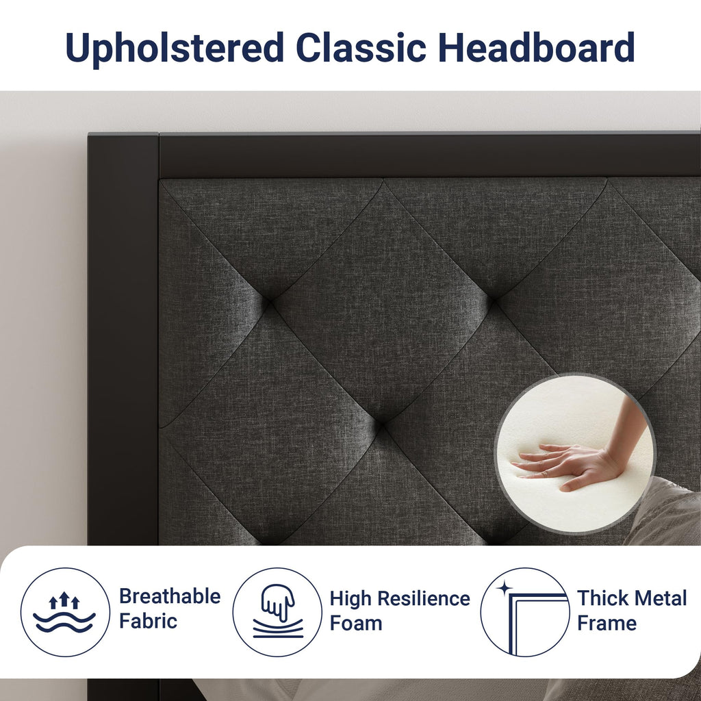 Twin Bed Frame with Upholstered Headboard, Dark Grey L1879
