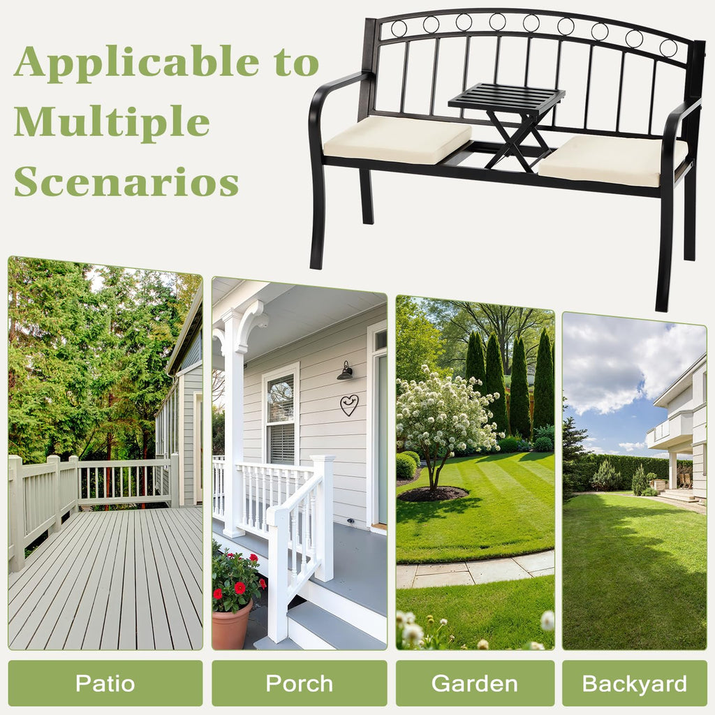 Black 2-Seat Metal Garden Bench with Cushion Z903