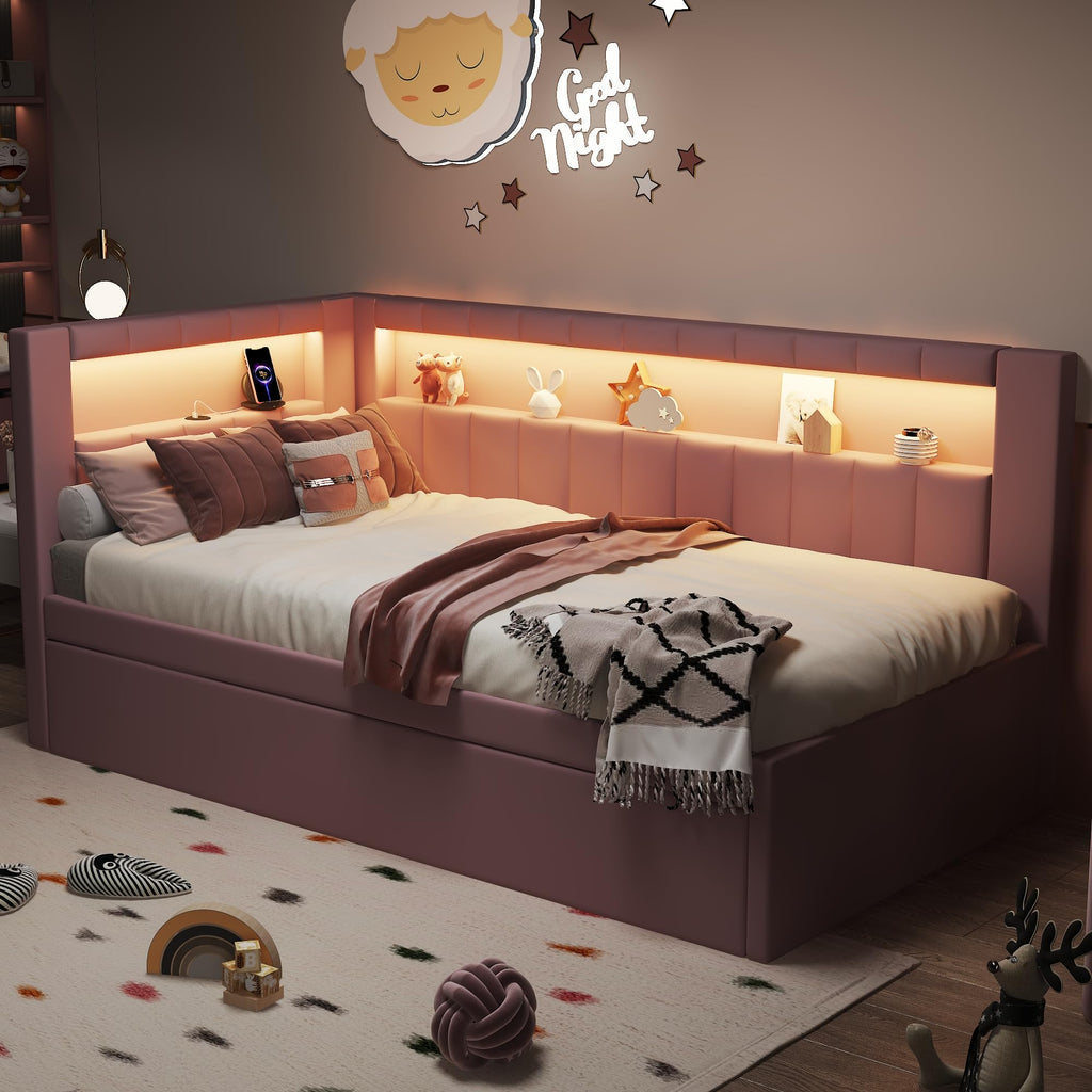 Twin Size Upholstered Platform Bed with Trundle and USB Ports Y510