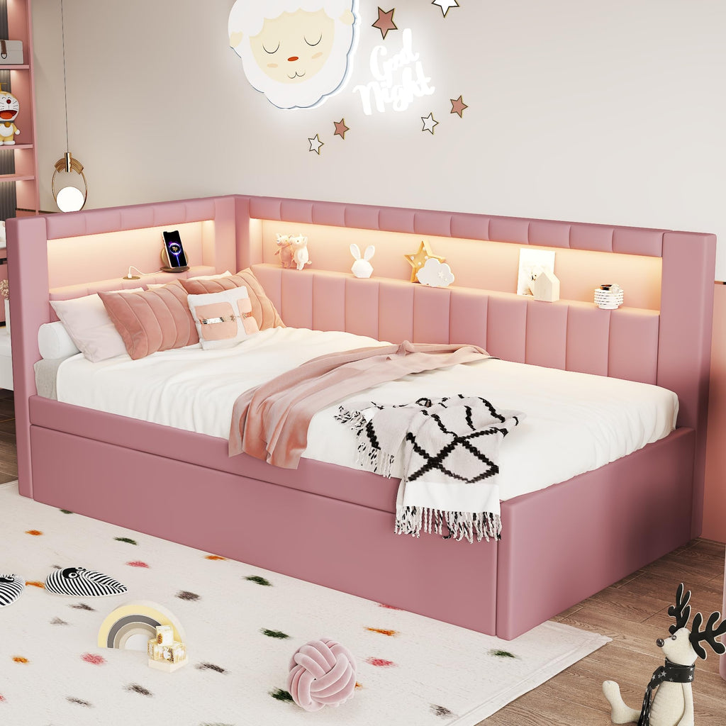 Twin Size Upholstered Platform Bed with Trundle and USB Ports Y510