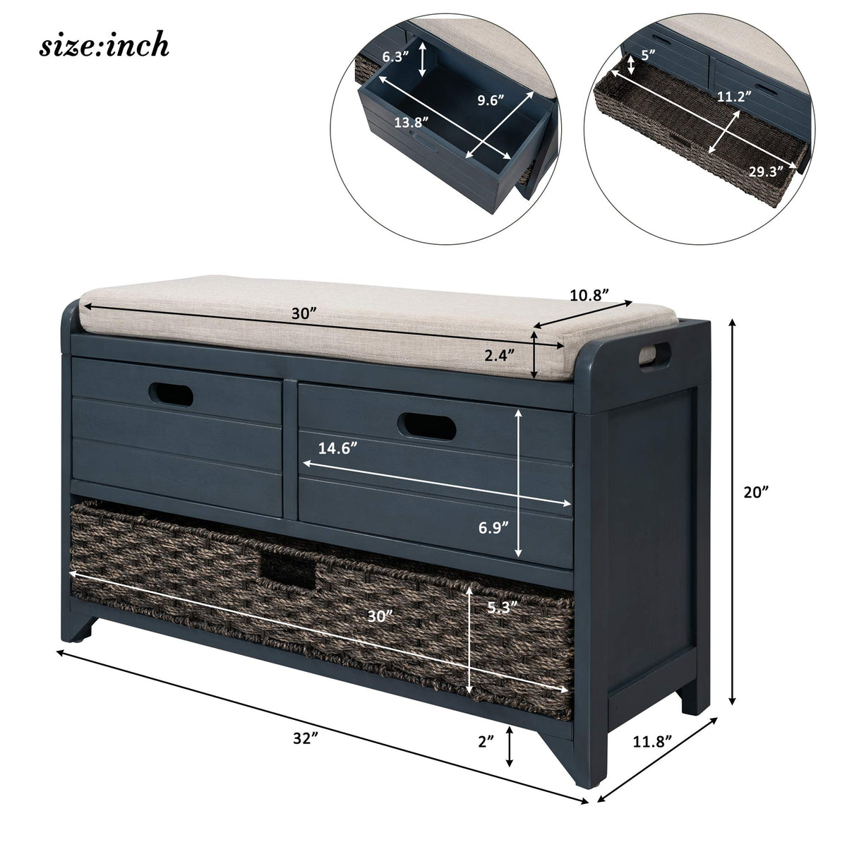 Navy Storage Bench with Drawers and Basket B49078