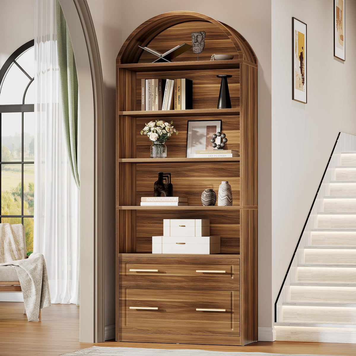 76.8" Tall Arched Bookcase with File Cabinet Drawer, Walnut Brown I539