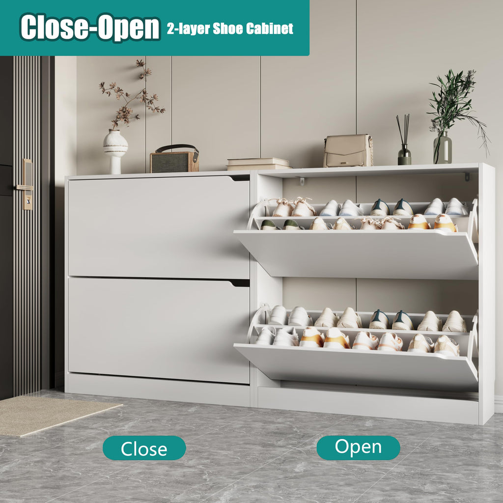 White 2 Flip Drawer Wood Shoe Storage Cabinet Z548