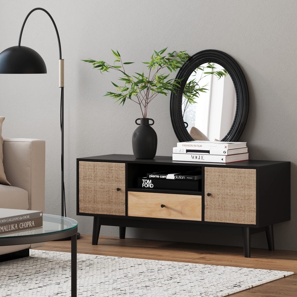 Black Oak Rattan TV Stand with Storage Doors A879717