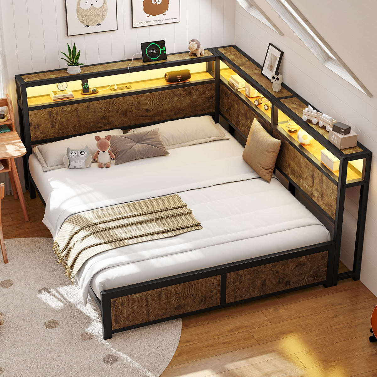 Queen Corner Bed Frame with Storage Headboard and Charging Station U137516