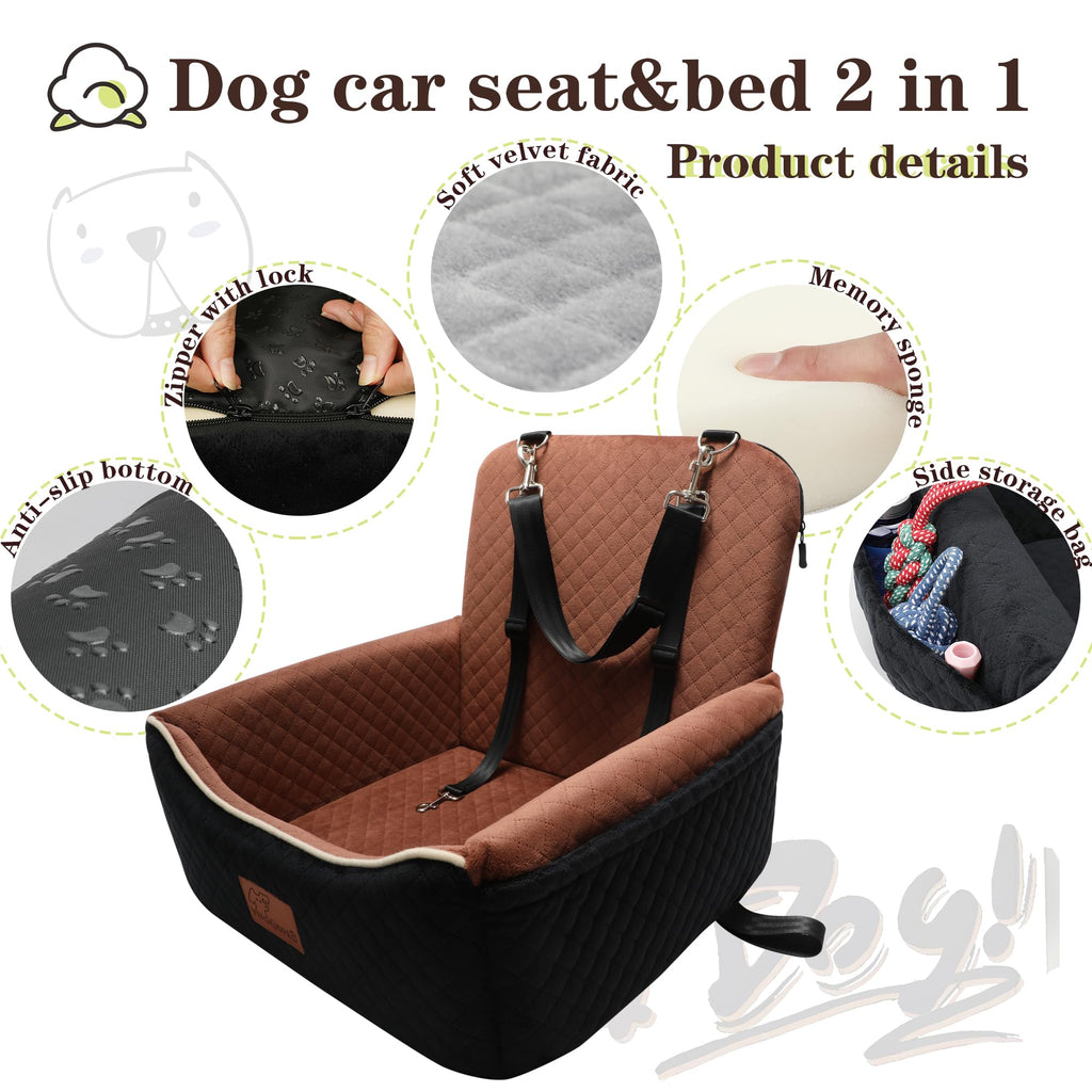 Dog Car Seat Bed 2 in 1 Memory Foam Removable Washable F3509