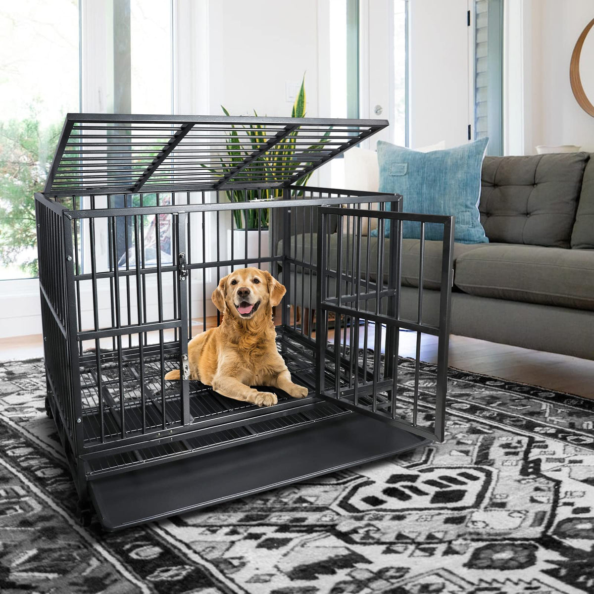 42 inch Heavy Duty Metal Dog Cage with Double Doors & Lockable Wheels V32254