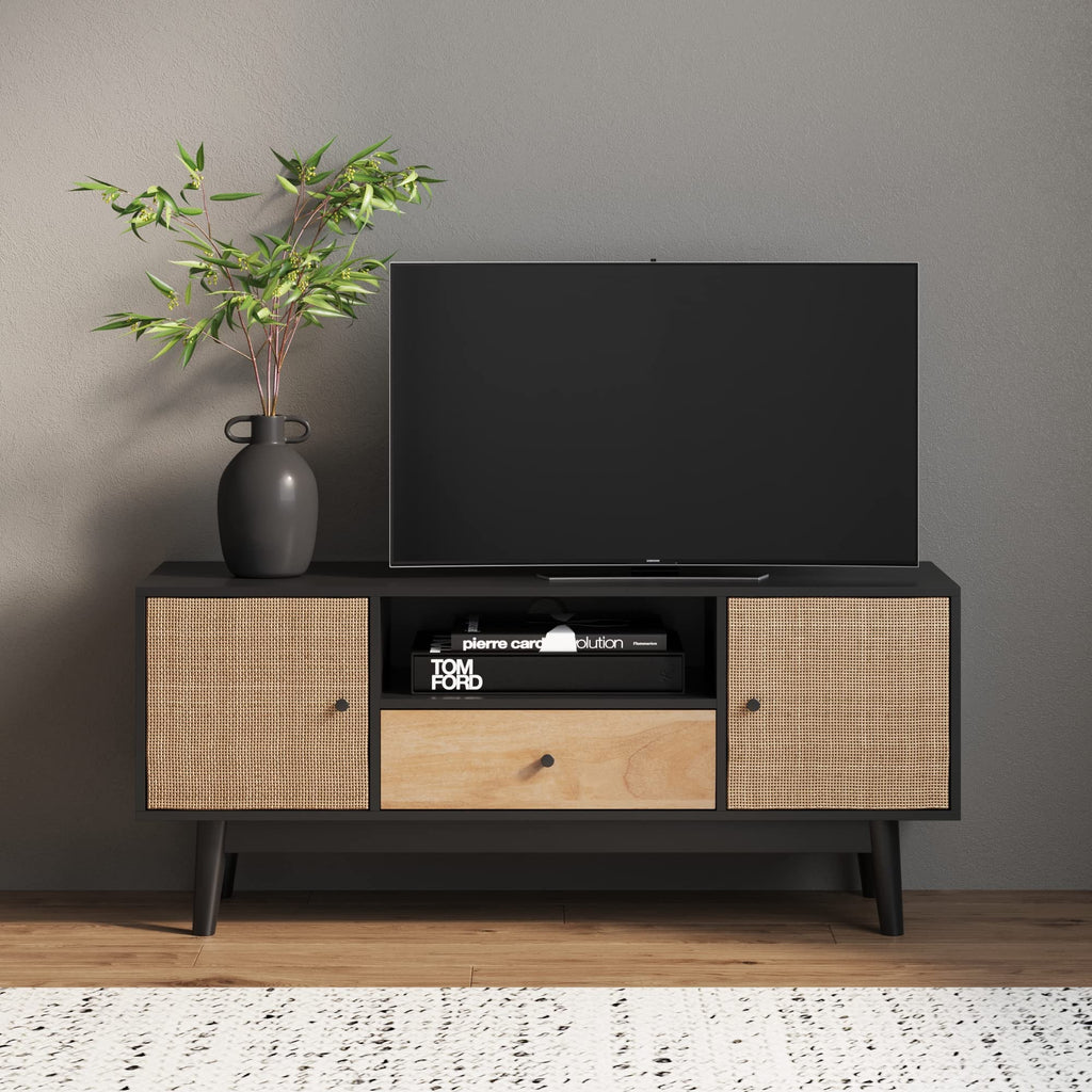 Black Oak Rattan TV Stand with Storage Doors A879717
