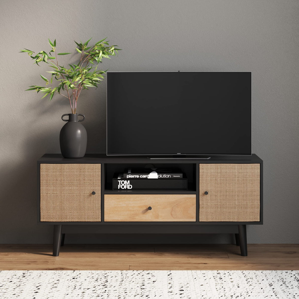 Black Oak Rattan TV Stand with Storage Doors A879717