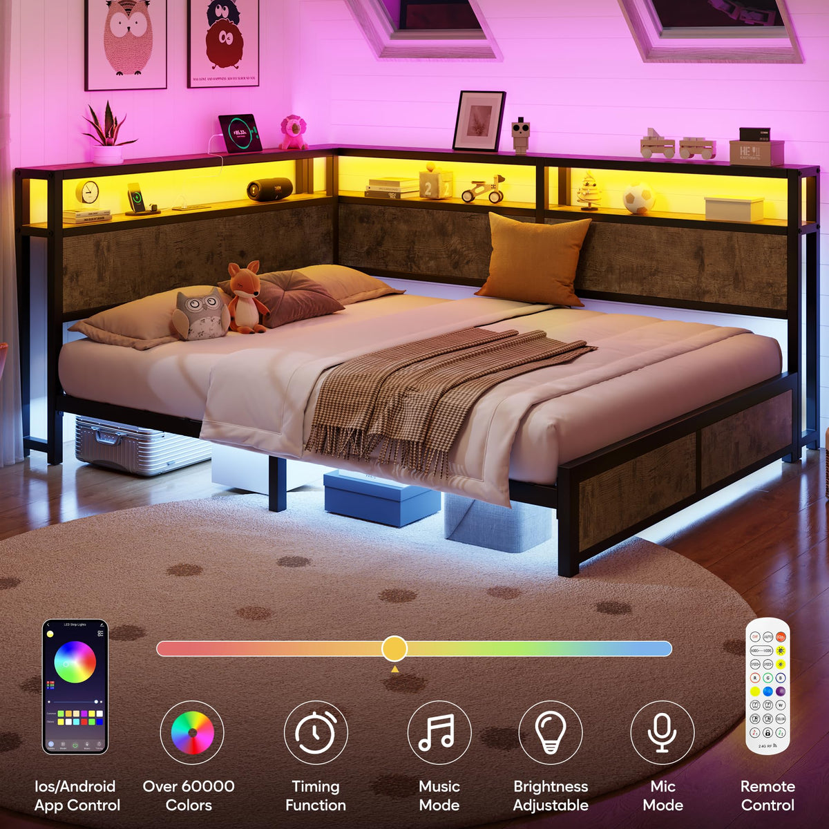 Queen Corner Bed Frame with Storage Headboard and Charging Station U137516