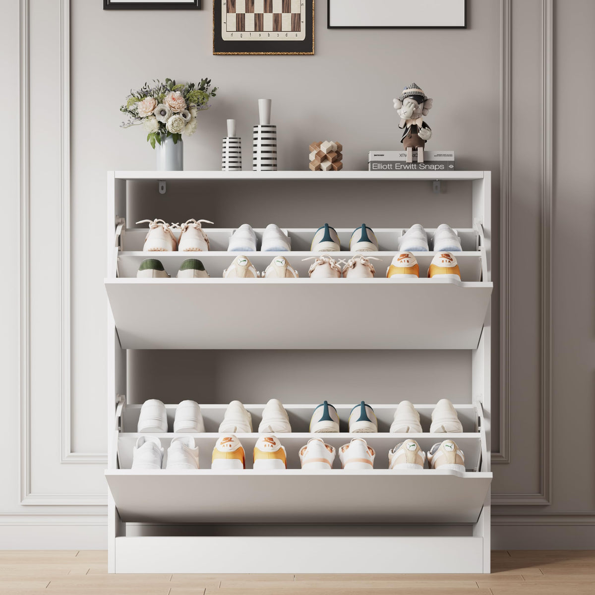 White 2 Flip Drawer Wood Shoe Storage Cabinet Z548