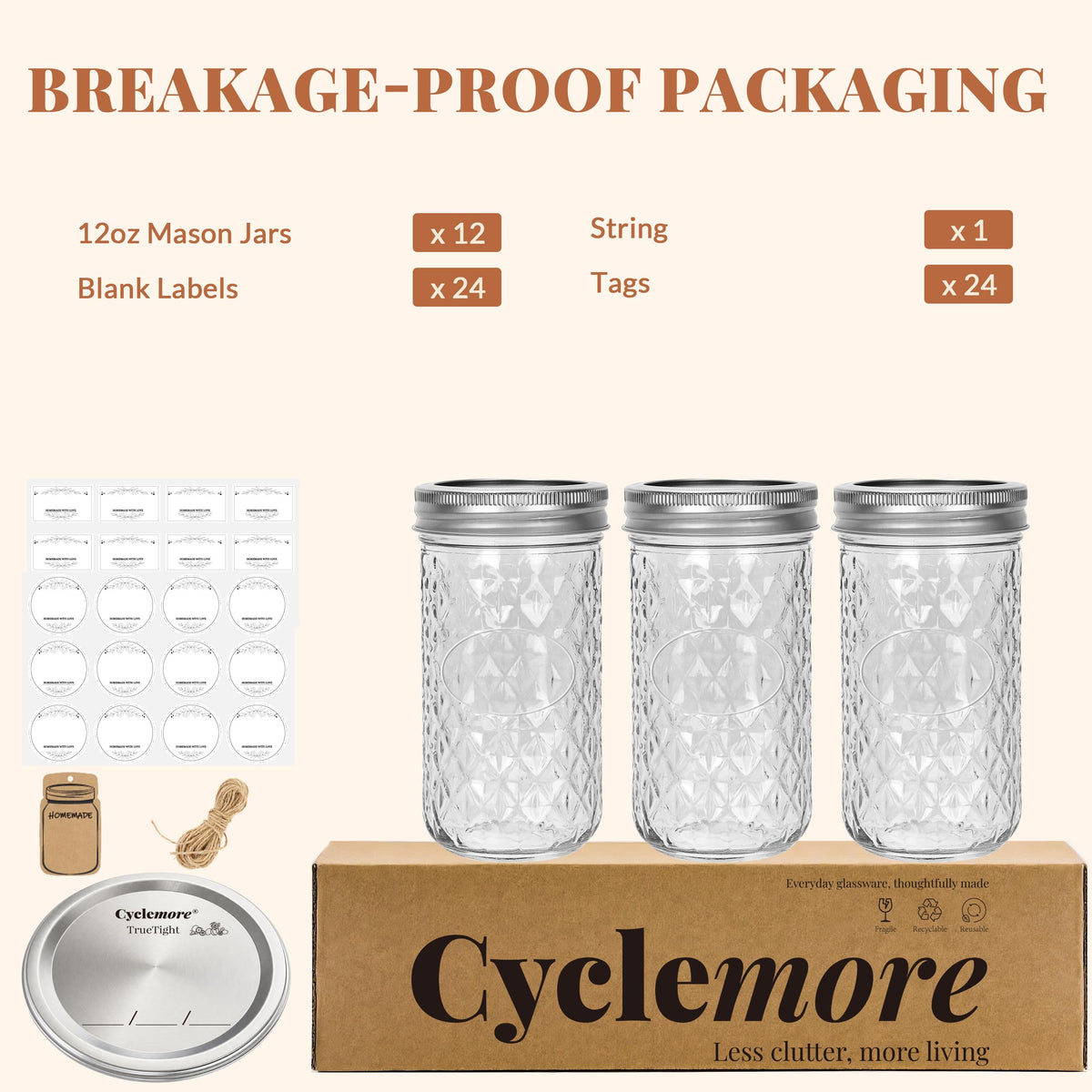 12 Pack 12oz Regular Mouth Glass Jars With Lids L74279