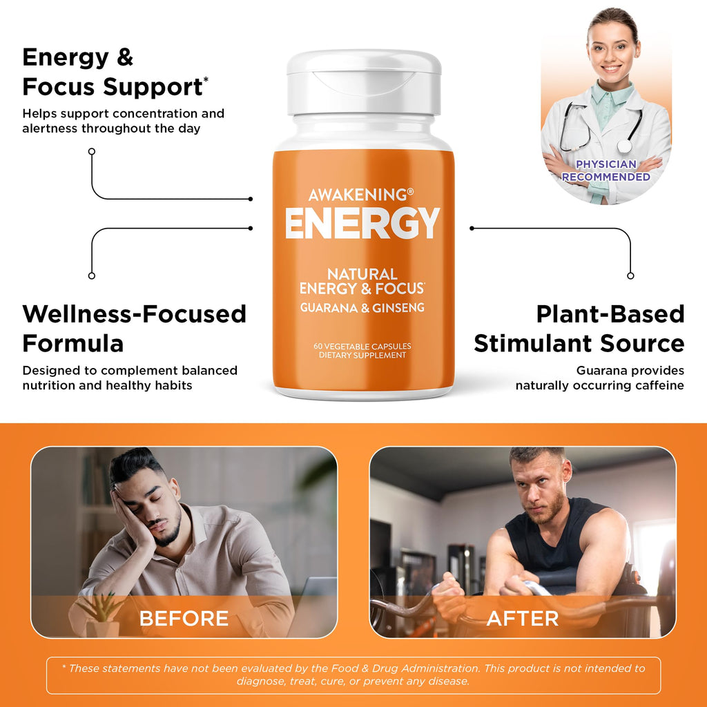 Natural Energy & Focus Supplement with Panax Ginseng, Guarana Extract & Chromium Picolinate, 60 Caps G367156