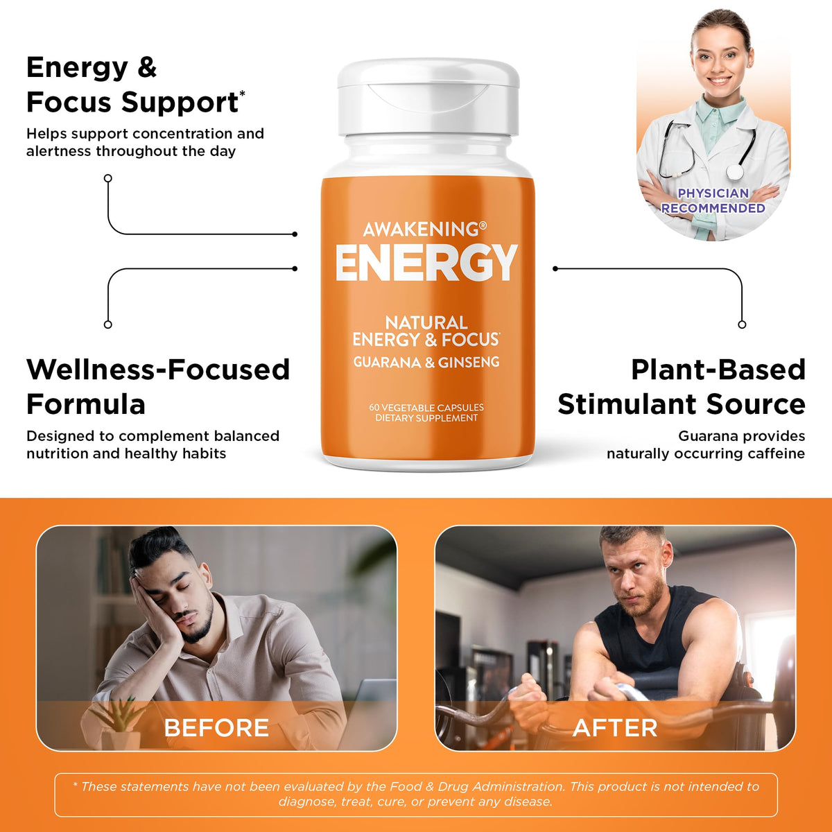 Natural Energy & Focus Supplement with Panax Ginseng, Guarana Extract & Chromium Picolinate, 60 Caps G367156