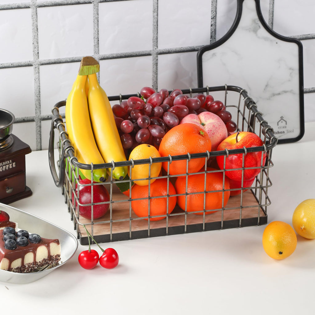 13.8" Wide Rectangular Metal Wire Basket with Wooden Bottom Z6318