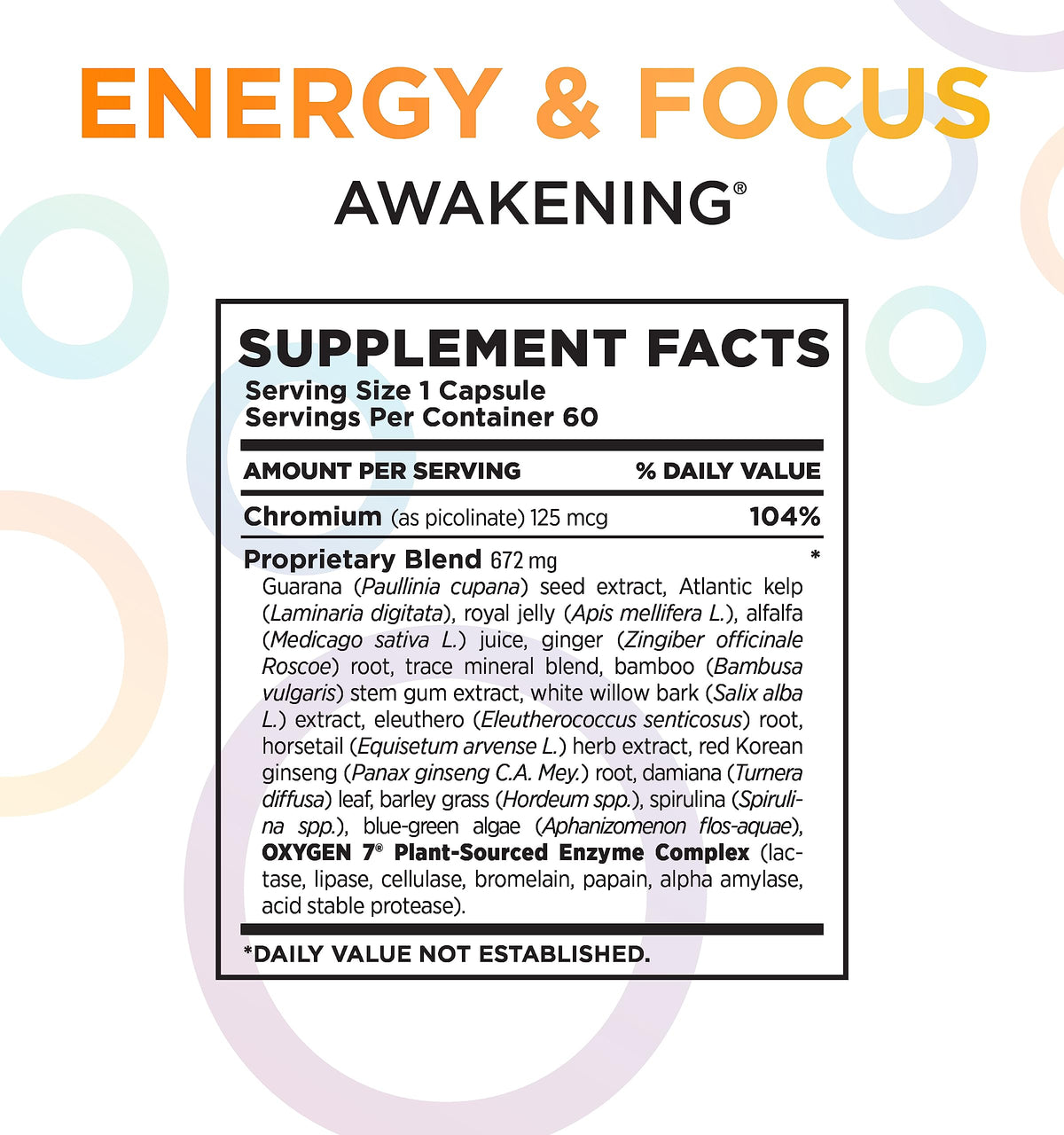 Natural Energy & Focus Supplement with Panax Ginseng, Guarana Extract & Chromium Picolinate, 60 Caps G367156