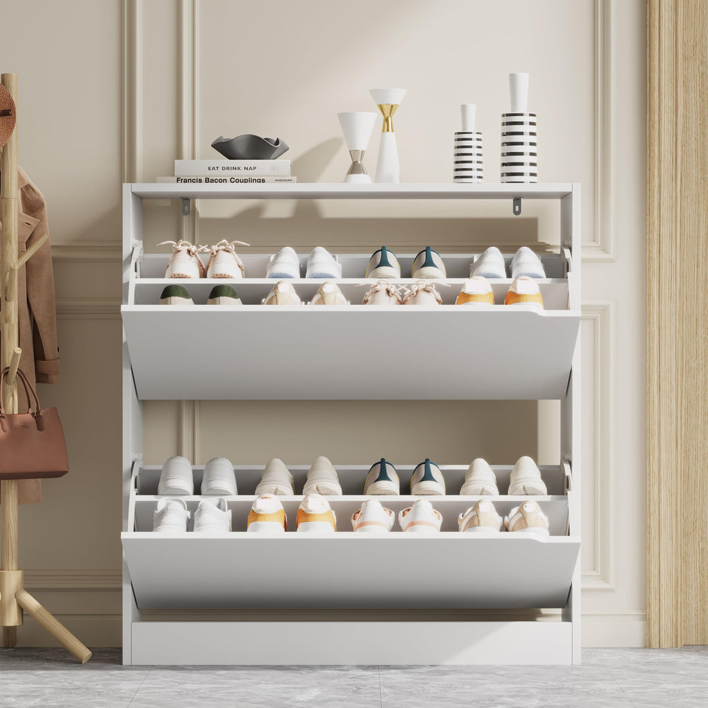 White 2 Flip Drawer Wood Shoe Storage Cabinet Z548