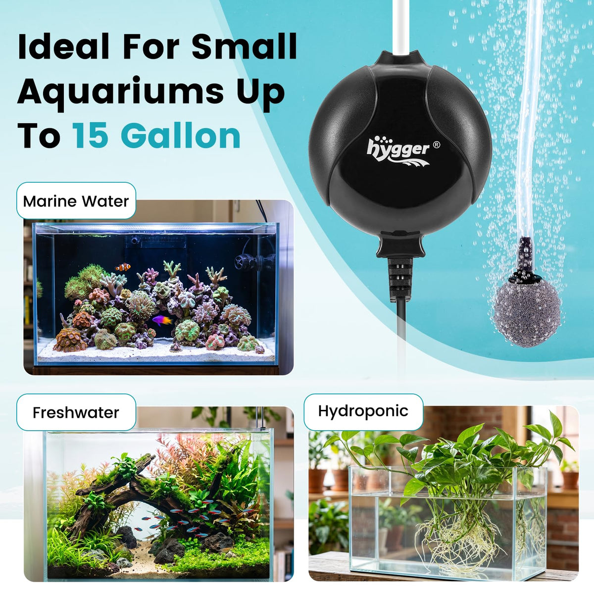 Quiet Mini Aquarium Air Pump 1.5 Watt with Air Stone Black M79697