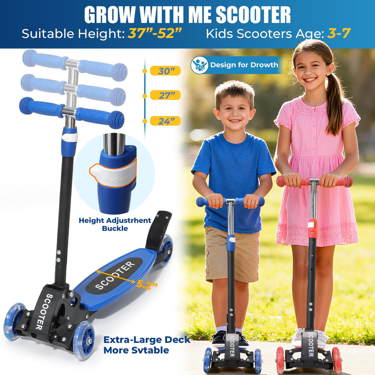 3 Wheel Kids Scooter with LED Light-Up M907