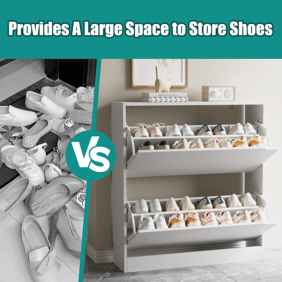 White 2 Flip Drawer Wood Shoe Storage Cabinet Z548