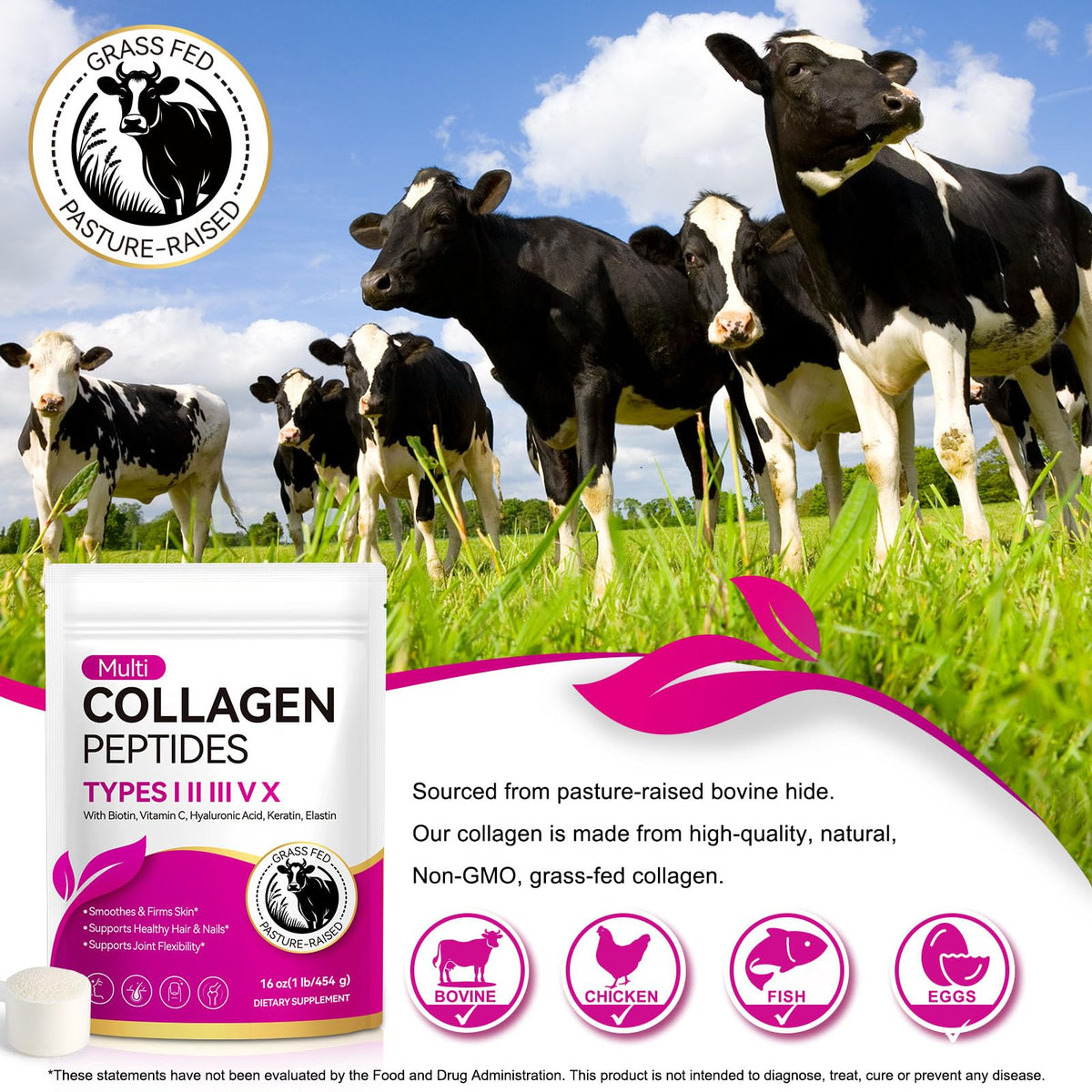 Multi Collagen Peptides Powder Types I II III V X Grass Fed Hydrolyzed A7206