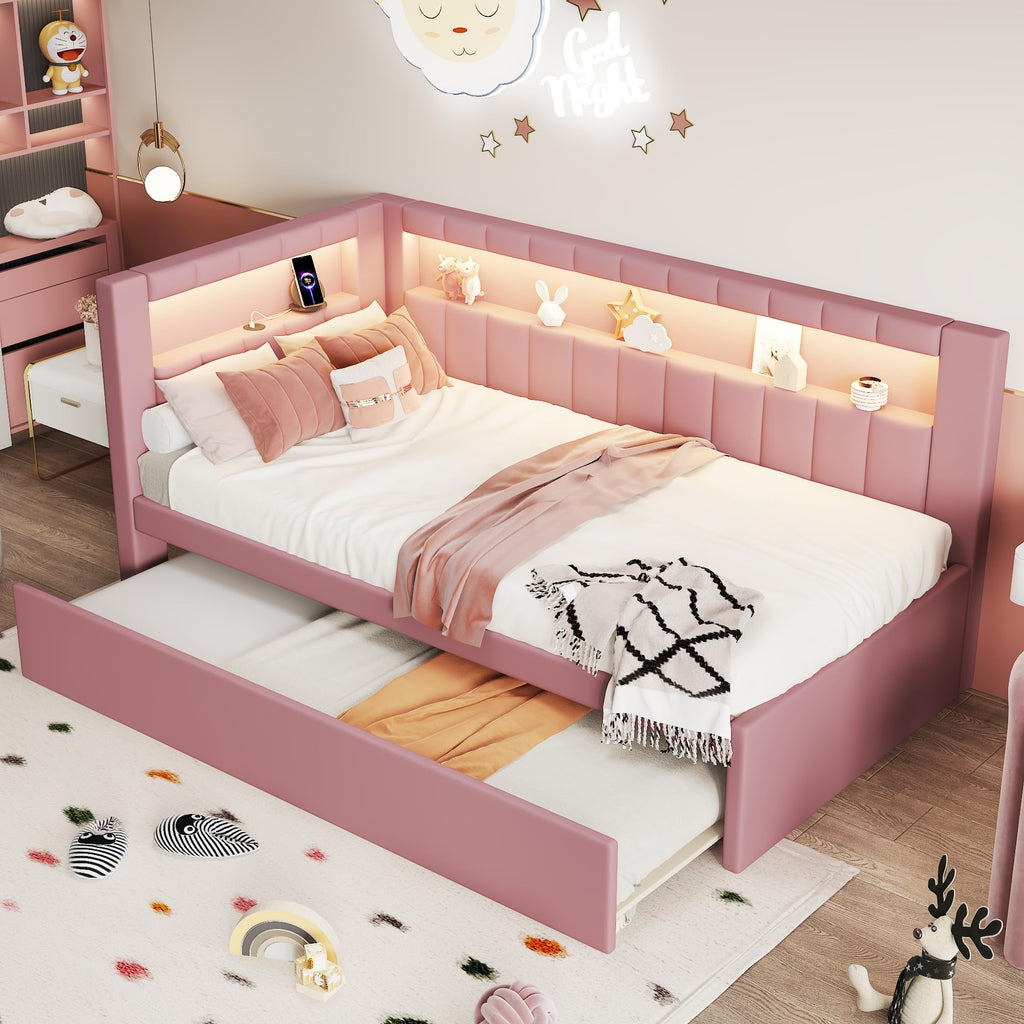 Twin Size Upholstered Platform Bed with Trundle and USB Ports Y510