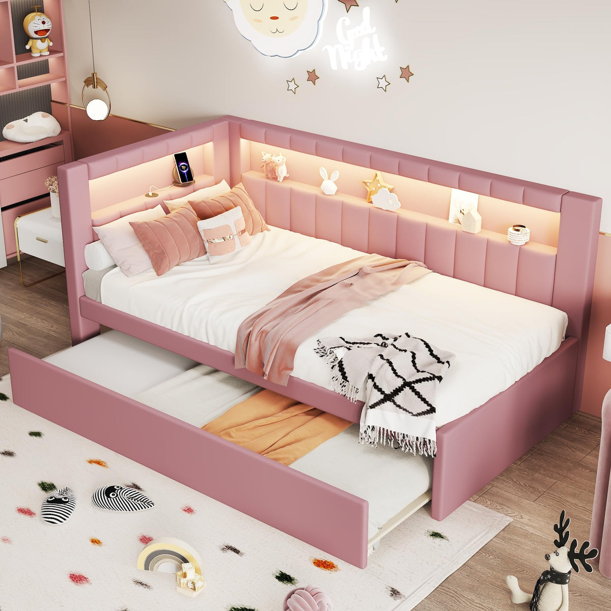 Twin Size Upholstered Platform Bed with Trundle and USB Ports Y510