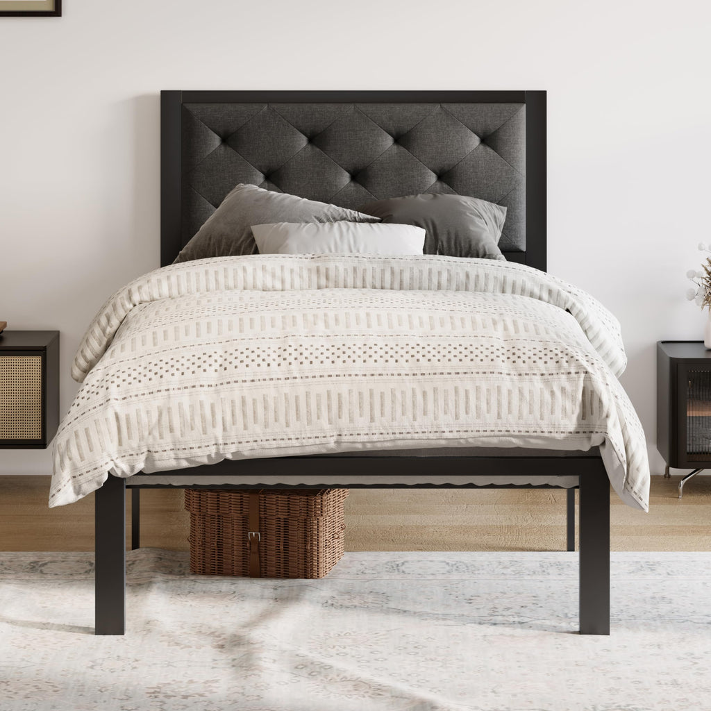 Twin Bed Frame with Upholstered Headboard, Dark Grey L1879