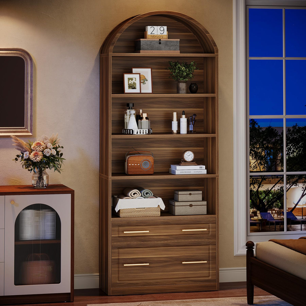 76.8" Tall Arched Bookcase with File Cabinet Drawer, Walnut Brown I539