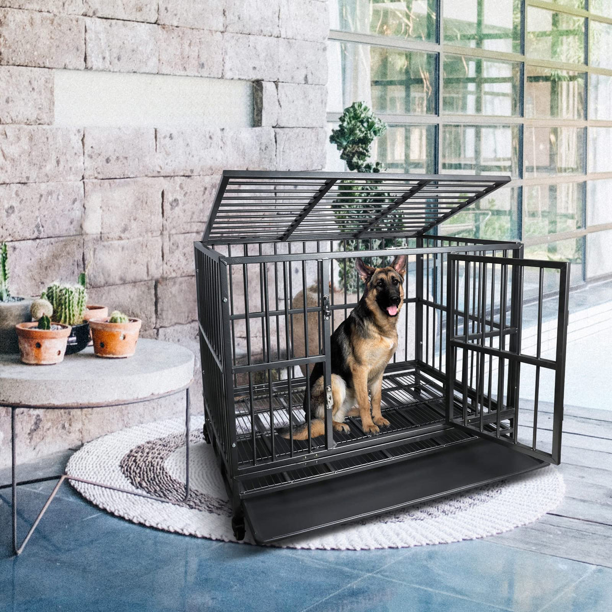 42 inch Heavy Duty Metal Dog Cage with Double Doors & Lockable Wheels V32254