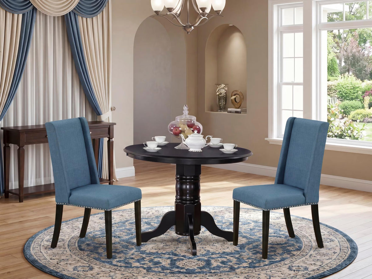 3 Piece Dining Table Set with 2 Blue Linen Fabric Chairs L573443