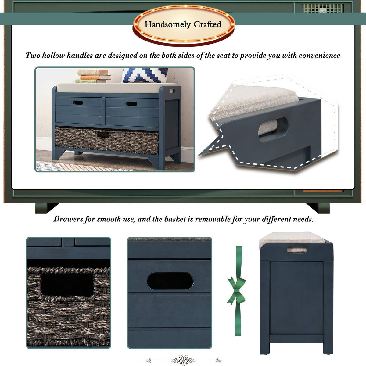 Navy Storage Bench with Drawers and Basket B49078