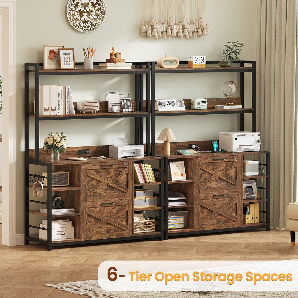 2 Drawer File Cabinet with Lock and Open Storage Shelves, Rustic Brown Y146