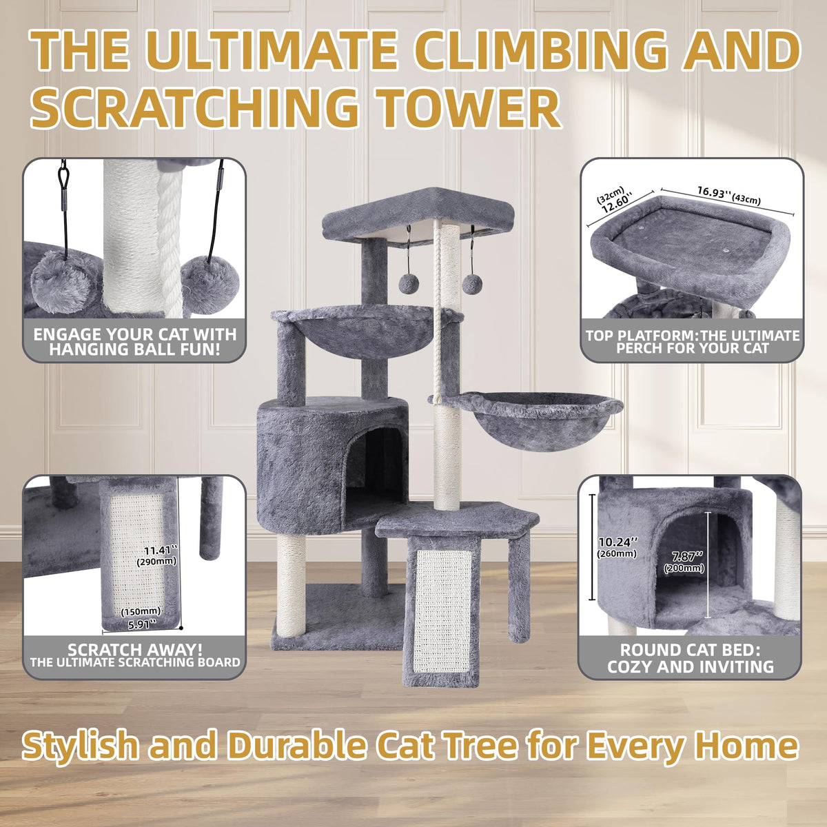 Grey Three Layer Cat Tree with Condo and Hammocks R329