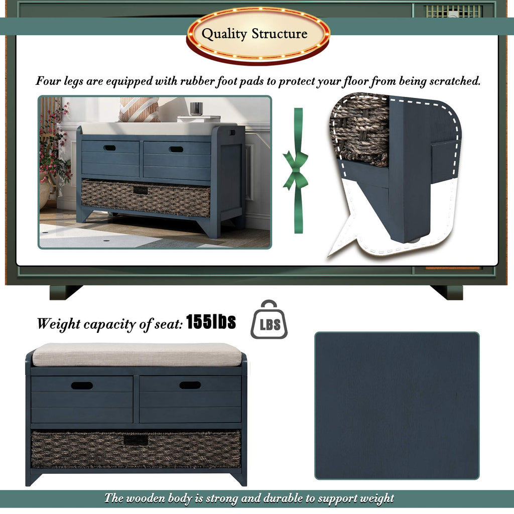 Navy Storage Bench with Drawers and Basket B49078