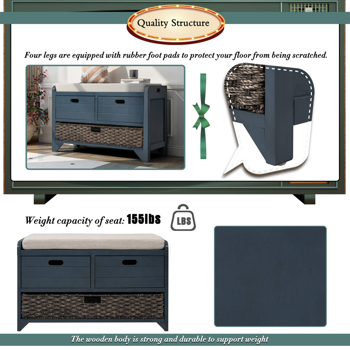 Navy Storage Bench with Drawers and Basket B49078