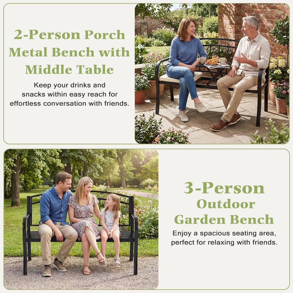 Black 2-Seat Metal Garden Bench with Cushion Z903