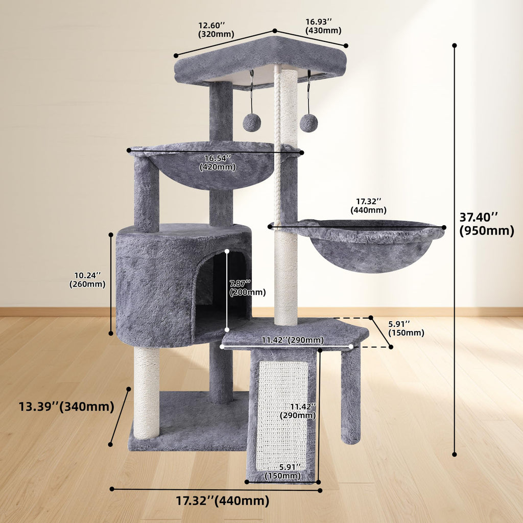 Grey Three Layer Cat Tree with Condo and Hammocks R329
