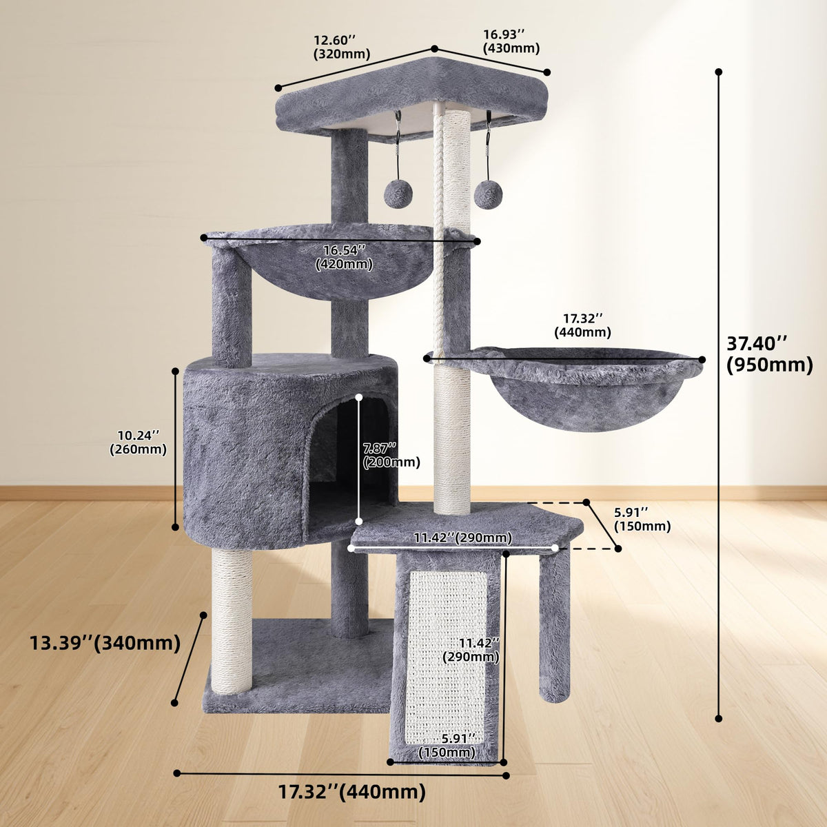 Grey Three Layer Cat Tree with Condo and Hammocks R329