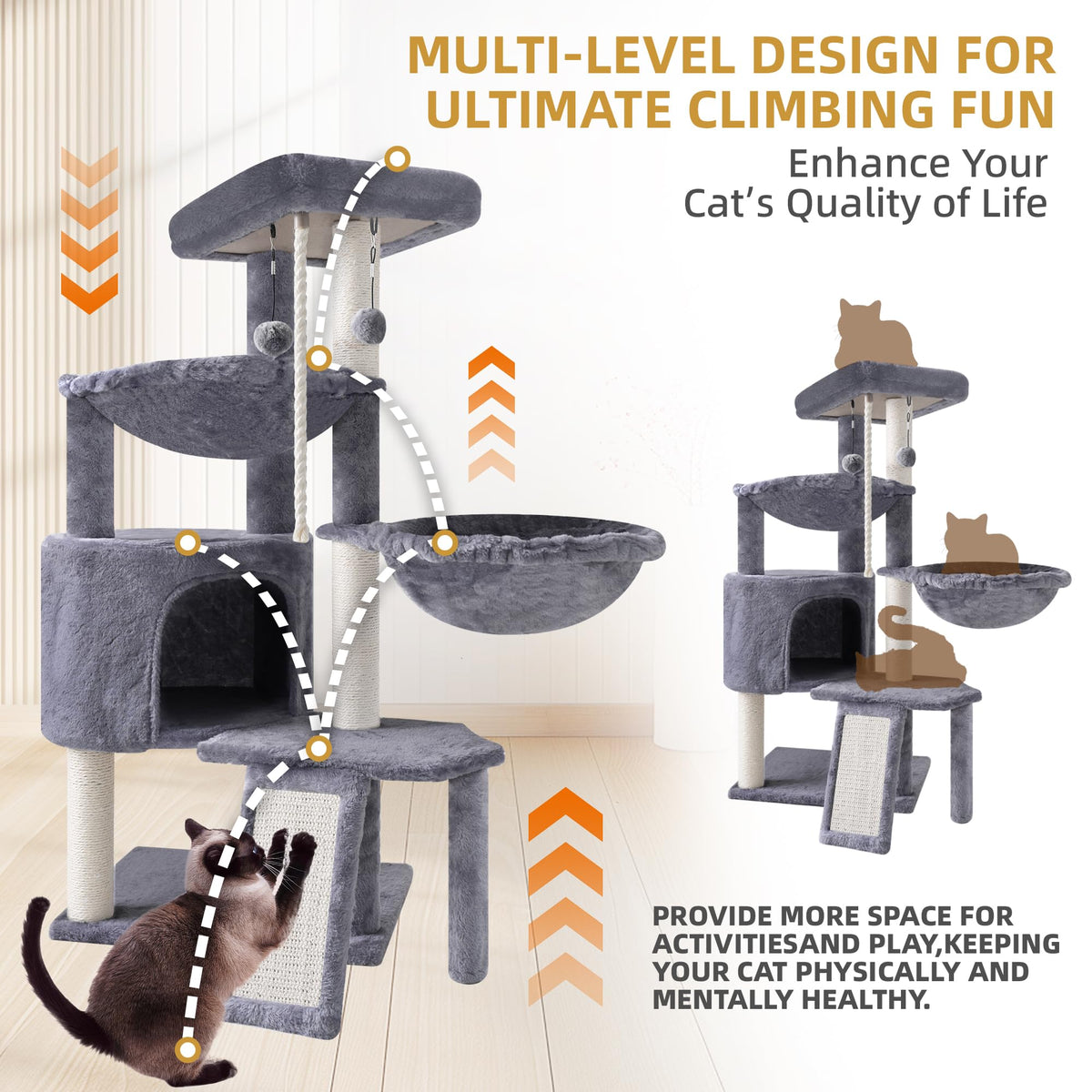 Grey Three Layer Cat Tree with Condo and Hammocks R329