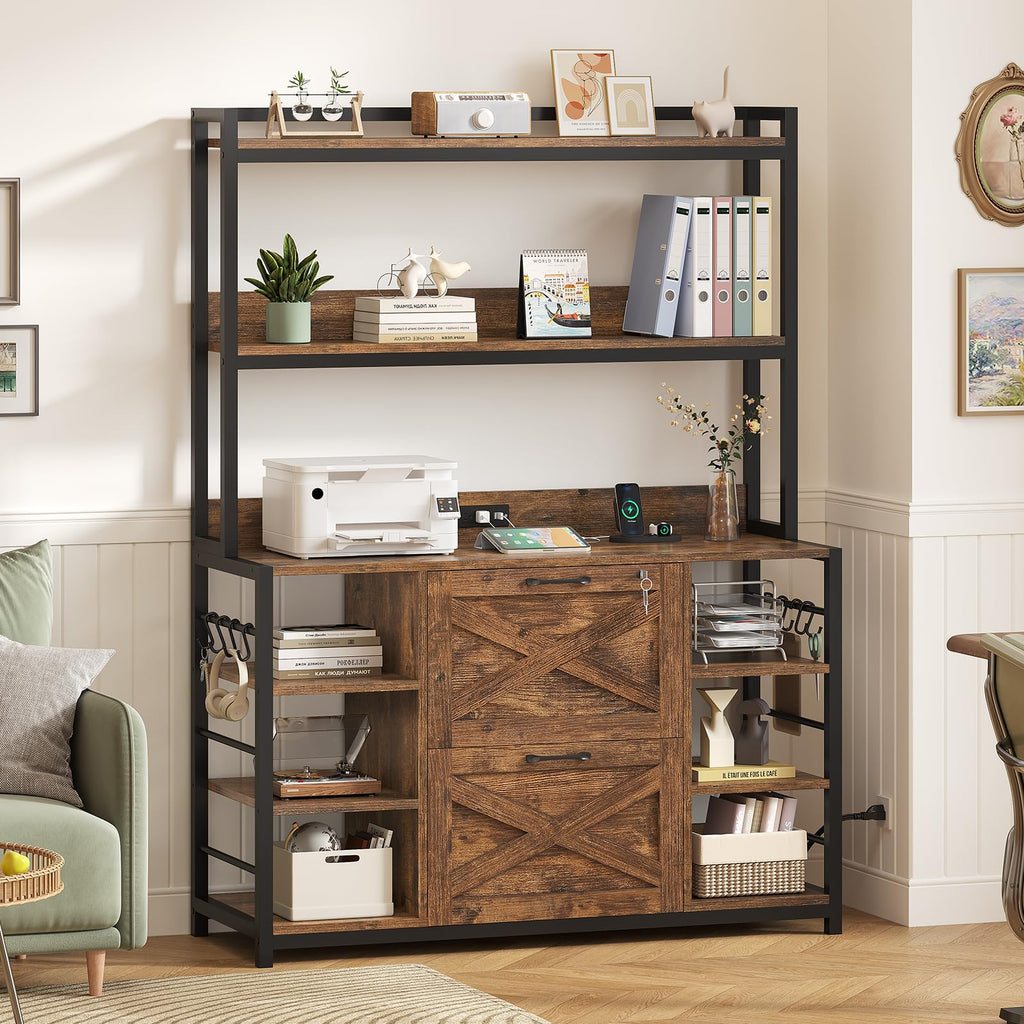 2 Drawer File Cabinet with Lock and Open Storage Shelves, Rustic Brown Y146