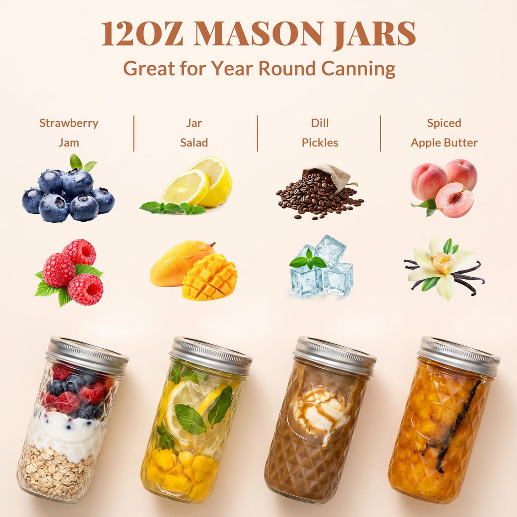 12 Pack 12oz Regular Mouth Glass Jars With Lids L74279
