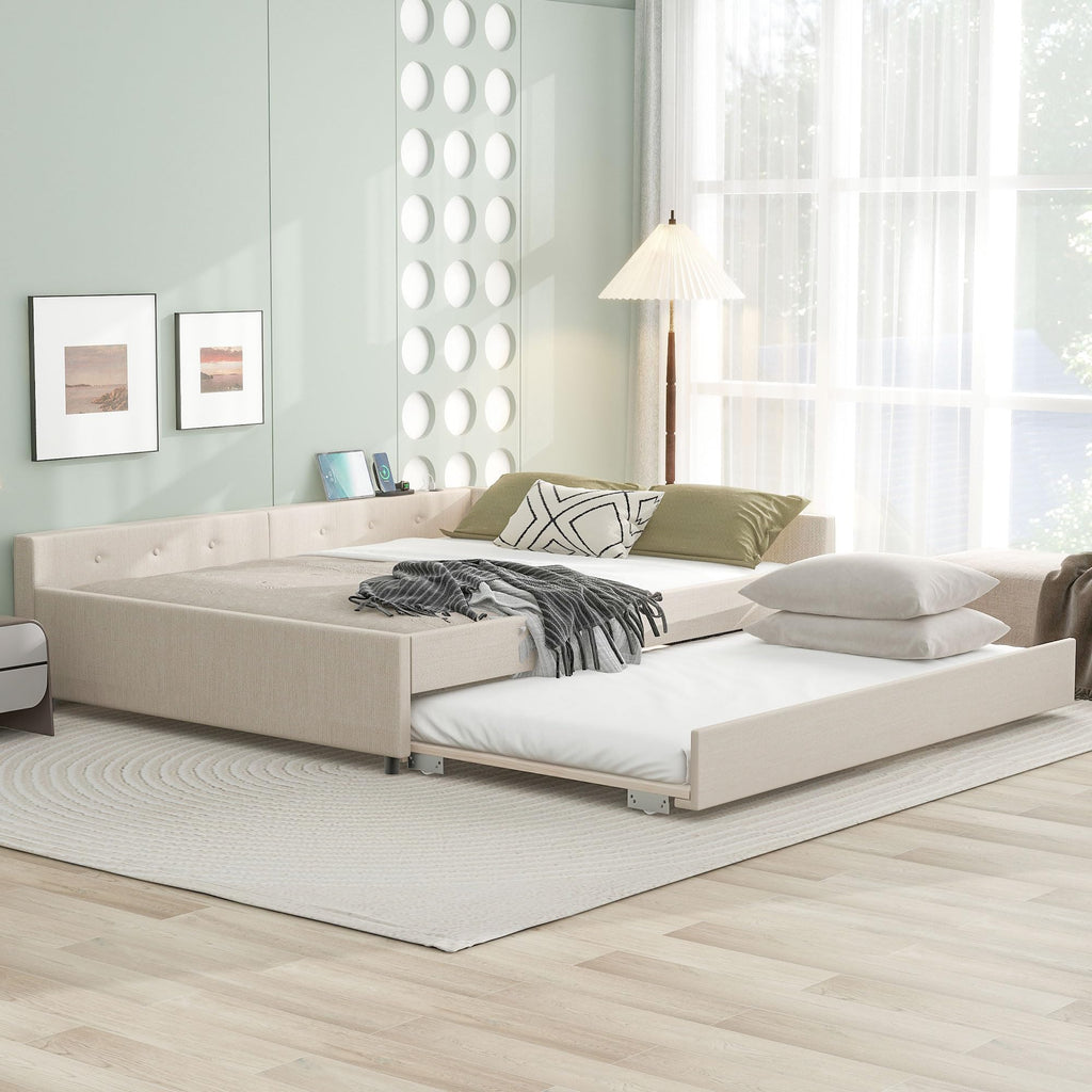 Queen Size Linen Fabric Upholstered Daybed with Trundle A17685