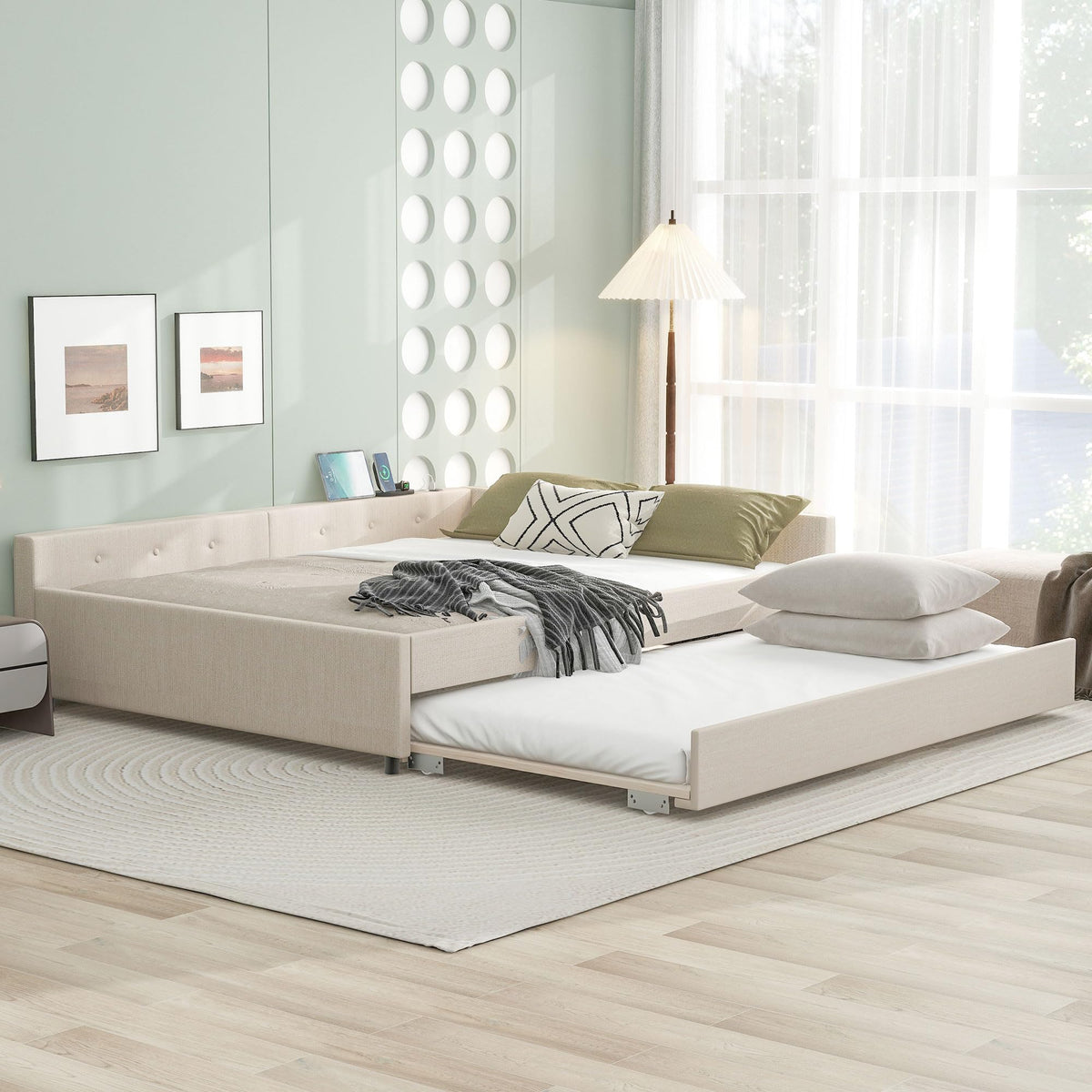 Queen Size Linen Fabric Upholstered Daybed with Trundle A17685