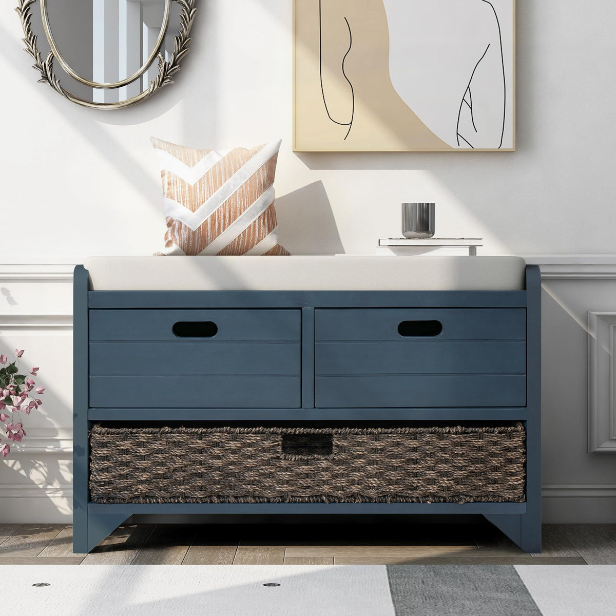 Navy Storage Bench with Drawers and Basket B49078