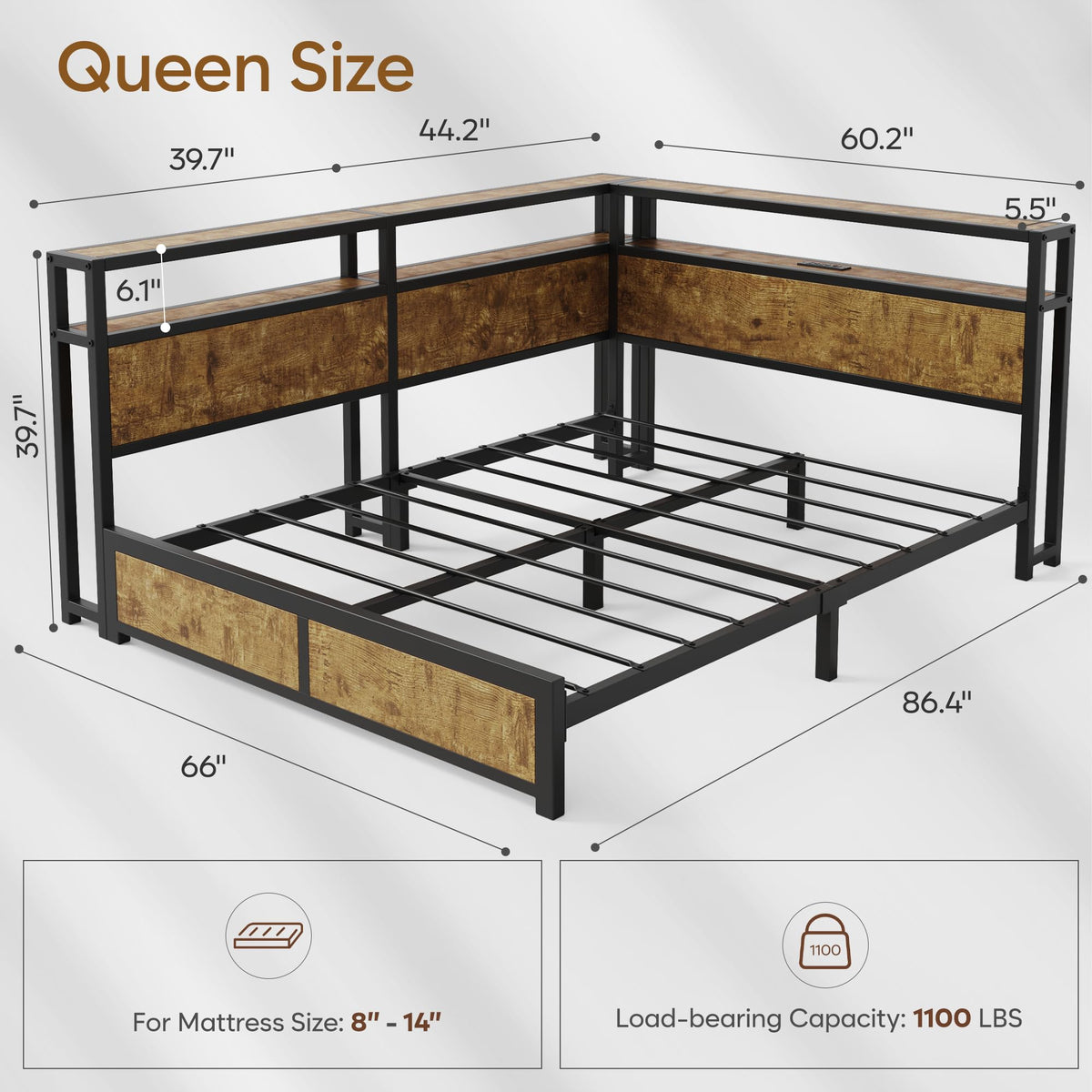 Queen Corner Bed Frame with Storage Headboard and Charging Station U137516