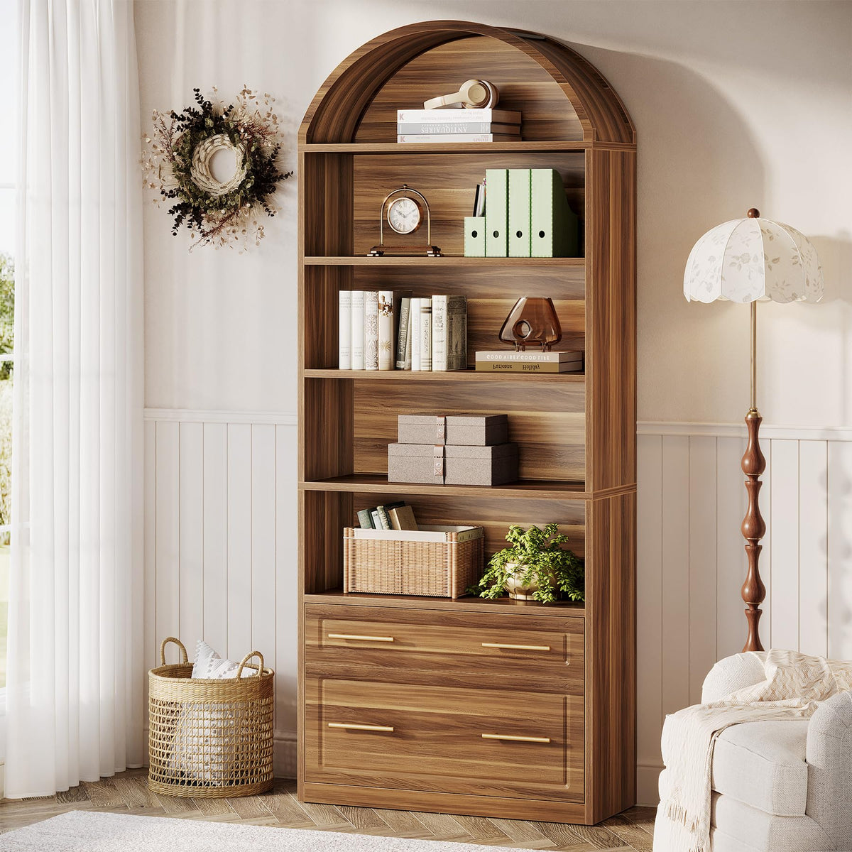 76.8" Tall Arched Bookcase with File Cabinet Drawer, Walnut Brown I539