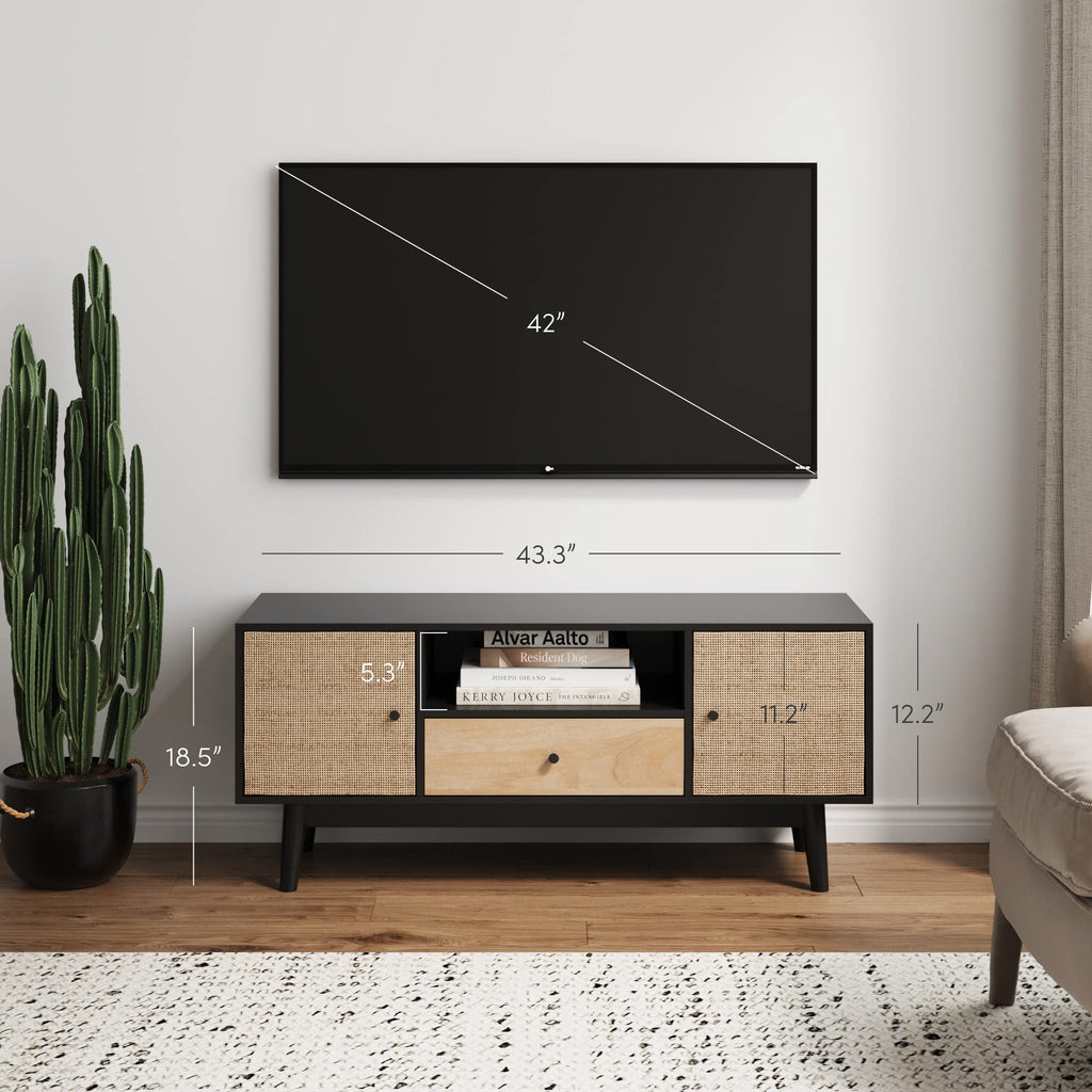 Black Oak Rattan TV Stand with Storage Doors A879717