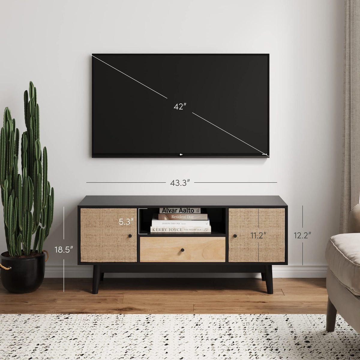 Black Oak Rattan TV Stand with Storage Doors A879717